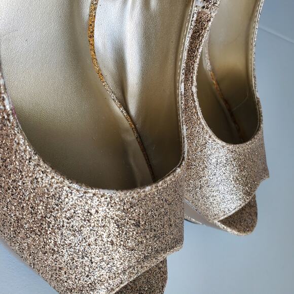 Women Glitter Platform Peeptoe Shoe 11 Gold Champagne NYE Cocktail Dance Club - Picture 8 of 15